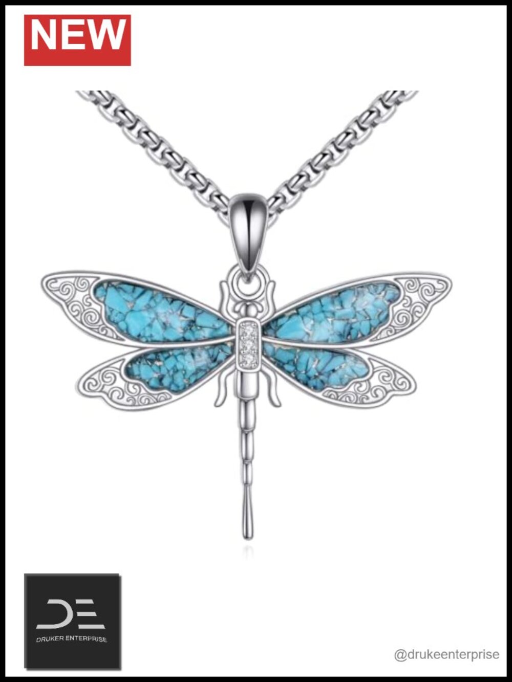 925 Sterling Silver Turquoise Dragonfly Pendant Necklace 22+2 inch